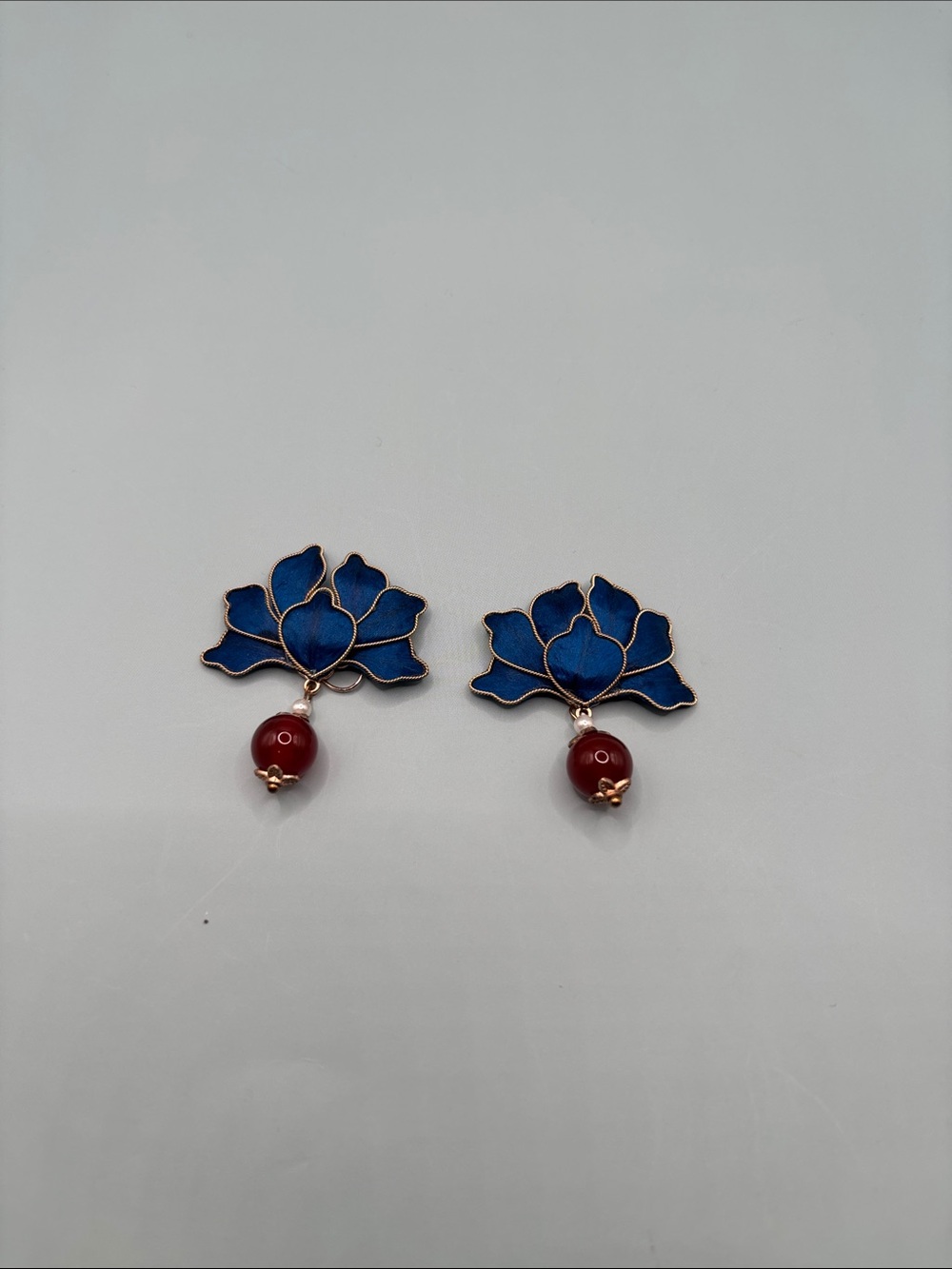 Blue Linen Lotus Petal Earrings with Gold Piping, Pearl and Red Bead Accent